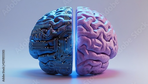 A stylized, 3D rendering of a human brain split in half, one side composed of glowing, intricate circuit board patterns in shades of blue