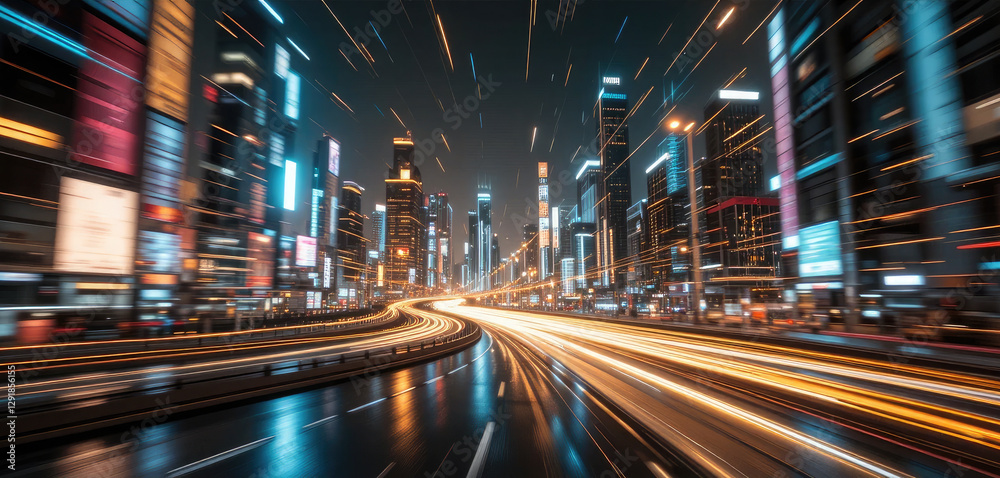 Fototapeta premium Futuristic Cityscape, High-Speed Light Trails in a Cyberpunk Metropolis.