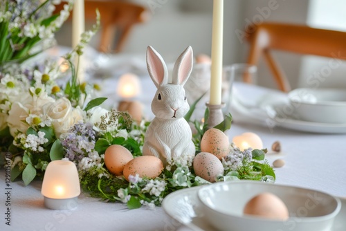 Festive easter table setting featuring a decorative bunny, colorful eggs, candles, and flowers, evoking a warm and inviting ambiance