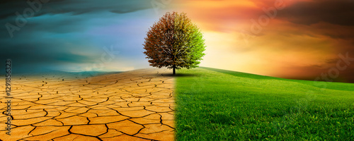 Baum in einer imaginären landschaft im Klimawandel von Dürre zu Grünem Wachstum