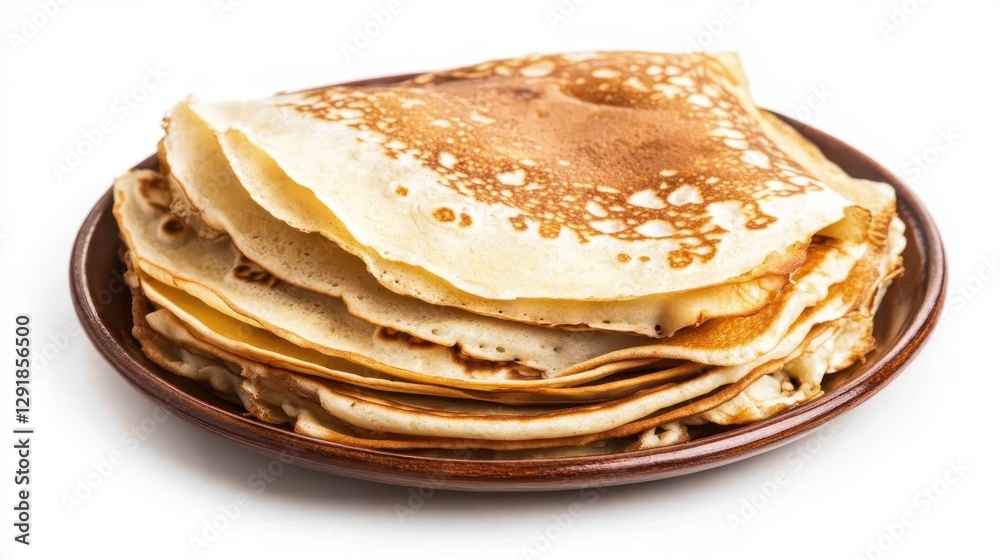 Stack of freshly made thin pancakes served on a wooden plate, perfect for breakfast or dessert, featuring a light golden-brown color and smooth texture Stack of freshly made thin pancakes served on a wooden plate, perfect for breakfast or dessert, featuring a light golden-brown color and smooth texture