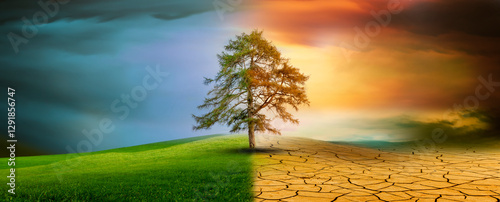 Baum in einer imaginären landschaft im Klimawandel von Dürre zu Grünem Wachstum