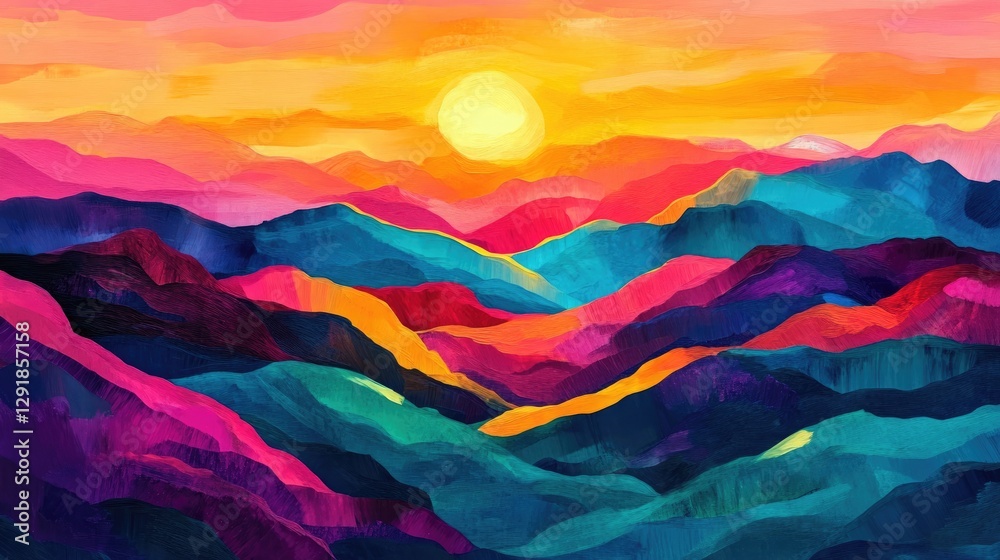Vibrant Sunset Over Multicolored Mountain Ranges in Abstract Landscape Painting Vibrant Sunset Over Multicolored Mountain Ranges in Abstract Landscape Painting