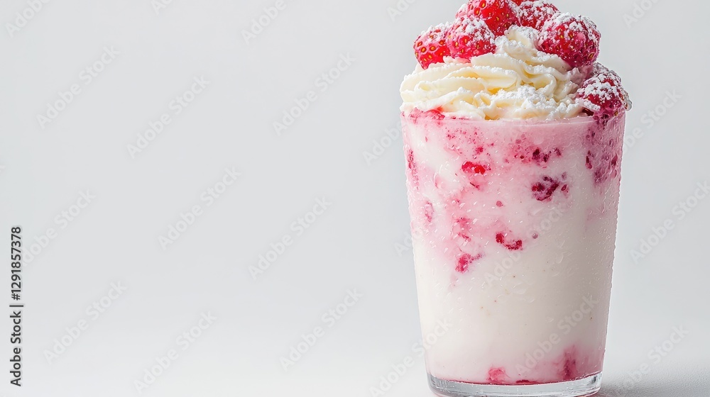 Raspberry Cream Smoothie in Glass, Delicious Dessert, Simple White Background, for Healthy Treat or Beverage Advertisement Raspberry Cream Smoothie in Glass, Delicious Dessert, Simple White Background, for Healthy Treat or Beverage Advertisement