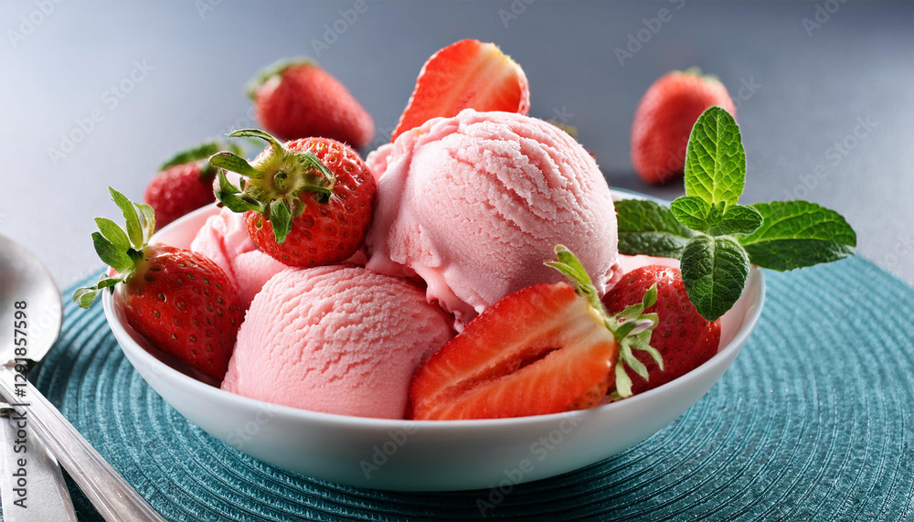 enjoying delicious strawberry ice cream with fresh strawberries and mint enjoying delicious strawberry ice cream with fresh strawberries and mint