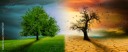 Baum in einer imaginären landschaft im Klimawandel von Dürre zu Grünem Wachstum