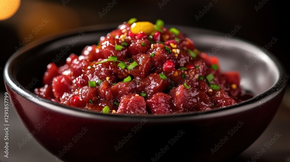Deep Red Beef Tartare Elegantly Plated With Pomegranate Reduction and Beetroot Chips. Generative AI Deep Red Beef Tartare Elegantly Plated With Pomegranate Reduction and Beetroot Chips. Generative AI