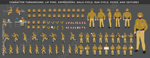 
Police Officer Character Design Model Sheet. Man, Character design. Front, side, back view and explainer animation poses. Character set with lip sync and Walk cycle animation sequences.
