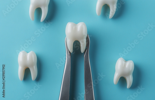 Dental pliers holding a tooth between other teeth on a blue background, photo