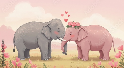Two Elephants Touching Trunks with Hearts Cute Watercolor Illustration