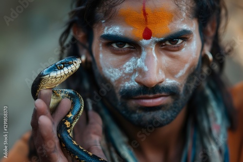 Close up portrait of a snake charmer holding a snake, showcasing colorful markings on his face, highlighting a cultural tradition