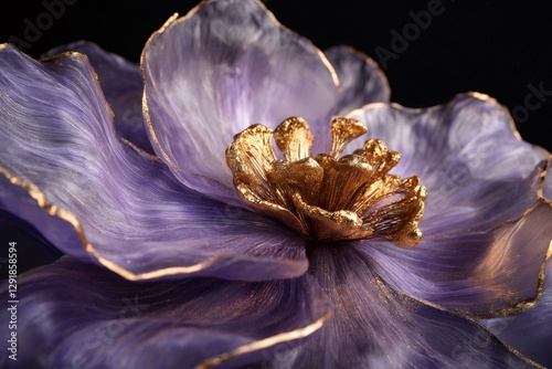 Close up of a vibrant lavender flower with delicate gold accents on its petals, creating a luxurious and elegant aesthetic against a dark background