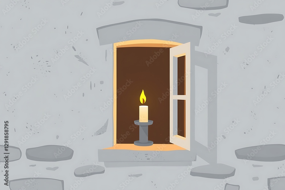 Fototapeta premium Candle Flame Flickering in Open Window Creating a Cozy Atmosphere