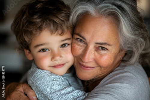 Grandmother and grandson are embracing, sharing a tender moment together