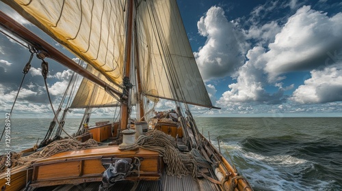 Vintage sailboat underway, open ocean, dramatic sky photo