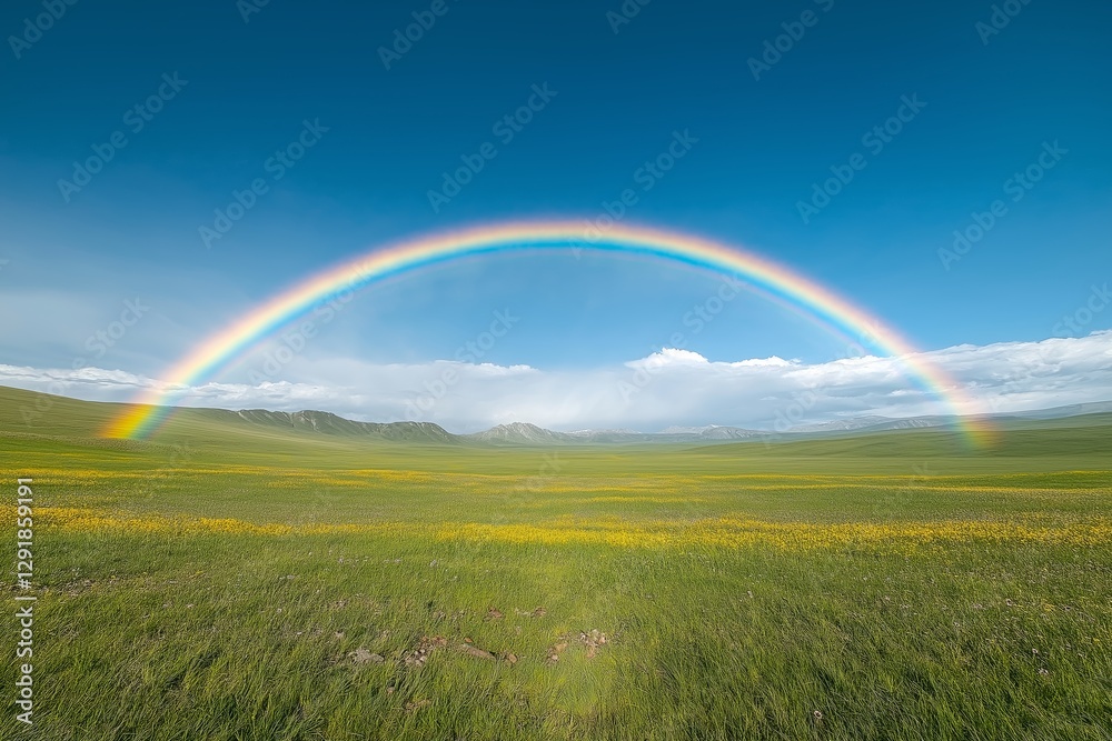 Vibrant rainbow after rain arcs over lush green meadow under mild weather. Concept: beauty of nature showcasing rainbow after rain amid serene landscape. Vibrant rainbow after rain arcs over lush green meadow under mild weather. Concept: beauty of nature showcasing rainbow after rain amid serene landscape.