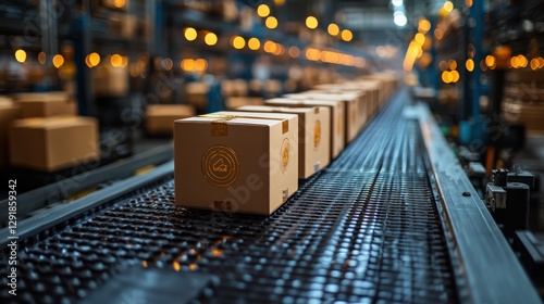 Boxes moving along a conveyor belt in a busy warehouse with soft lighting and blurred background