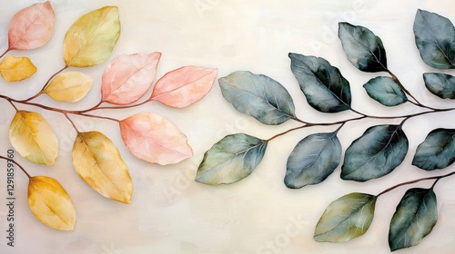 A delicate watercolor illustration featuring two branches of leaves in soft hues, one in warm colors and the other in cool tones, creating a serene aesthetic.