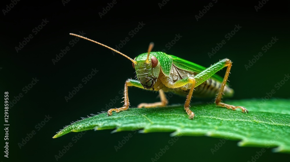 Naklejka premium A close-up view of a lively grasshopper clinging to a leaf surface, displaying its vivid green color and fine details under natural lighting conditions.