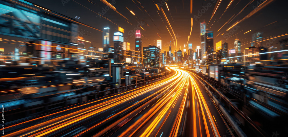 Futuristic Cityscape, High-Speed Light Trails in a Cyberpunk Metropolis. Futuristic Cityscape, High-Speed Light Trails in a Cyberpunk Metropolis.