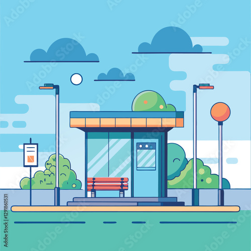 Modern Bus Stop Illustration with Trees and Clear Sky