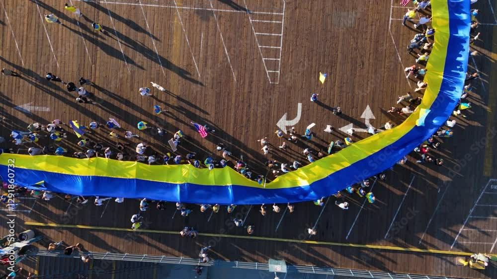Aerial View of Large Ukrainian Flag on Santa Monica Pier, Los Angeles