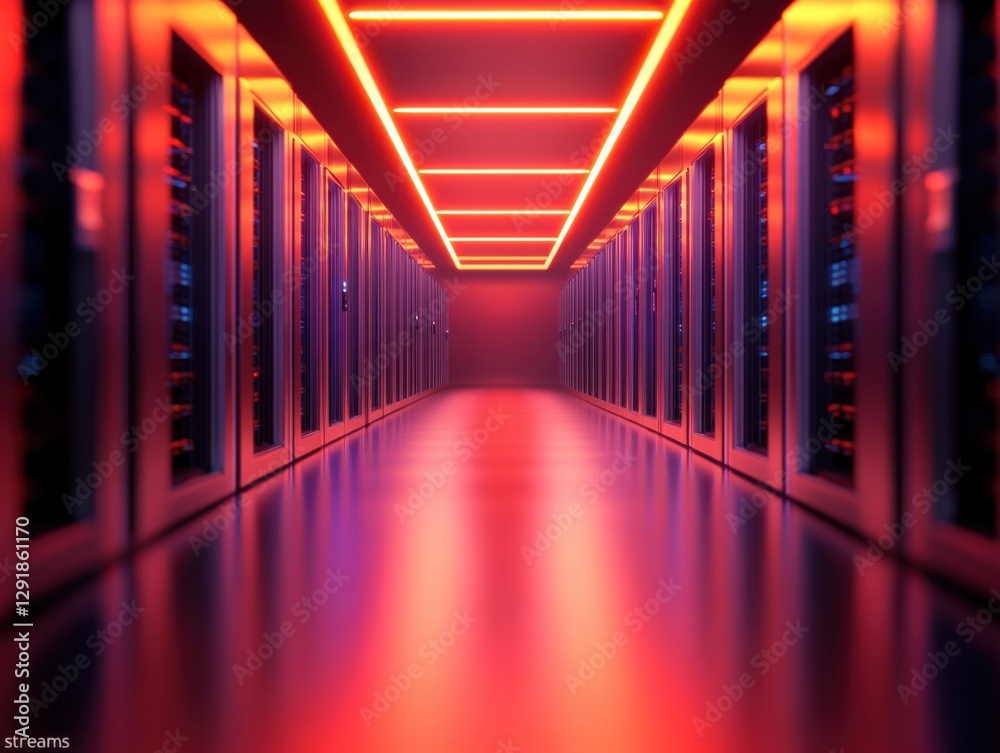 Fototapeta premium Data center hallway with servers and neon lights
