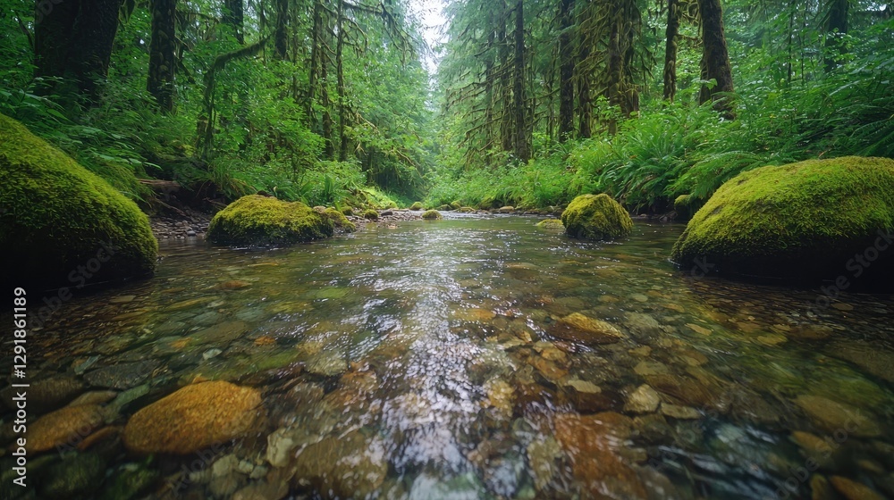 Obraz premium Misty Rainforest Creek Flowing Through Lush Foliage. Possible use Nature Stock Photography