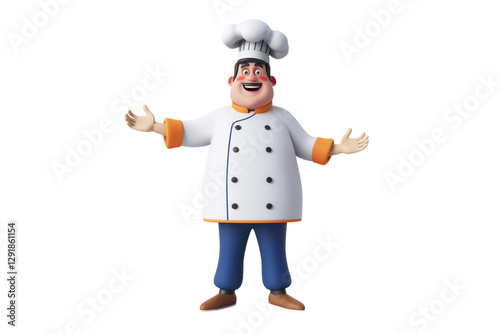 A cheerful male chef in his 50s, dressed in a classic chef's jacket and toque, engages with an audience, teaching a cooking class with enthusiasm against a neutral backdrop