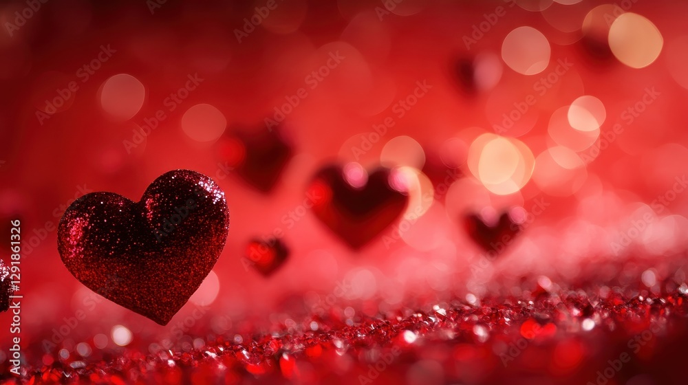 A close-up shot of sparkling red hearts set against a dreamy, blurred red background, perfect for romantic themes. A close-up shot of sparkling red hearts set against a dreamy, blurred red background, perfect for romantic themes.