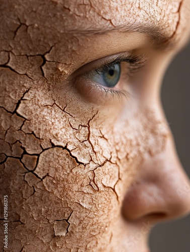 A high-resolution macro shot of extremely dry and flaky skin on a person's cheek and forehead. 