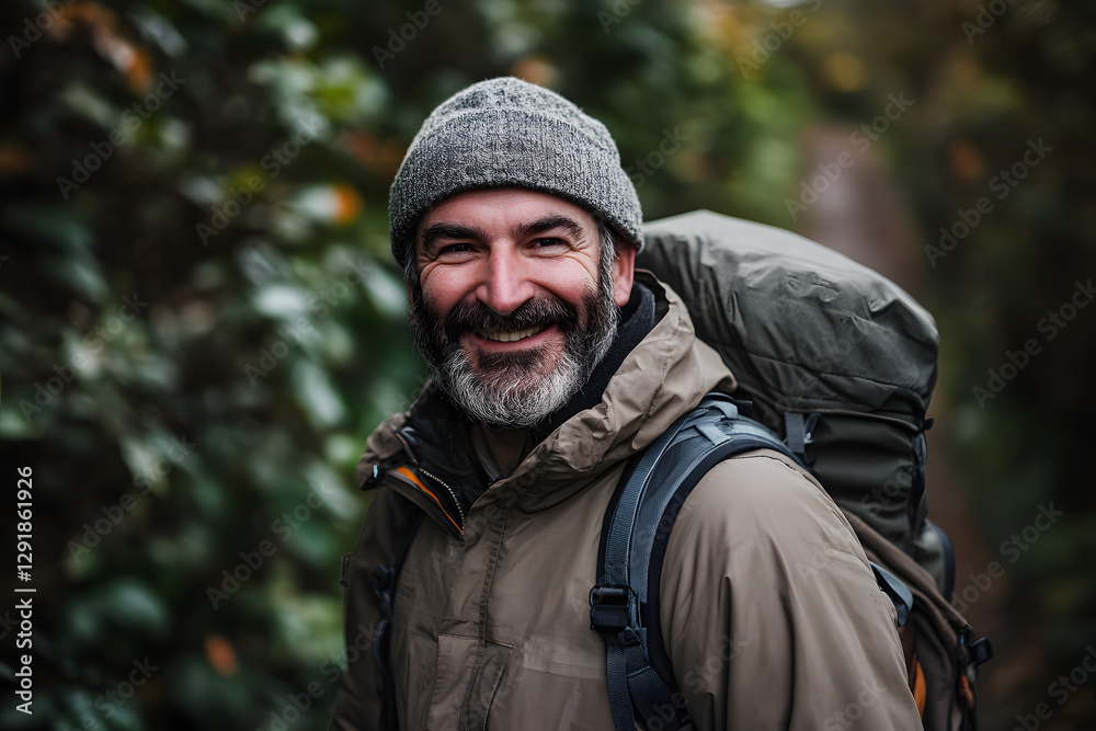 a happy, smiling man with a beard, wearing an outdoor jacket and backpack, hiking in a forest a happy, smiling man with a beard, wearing an outdoor jacket and backpack, hiking in a forest