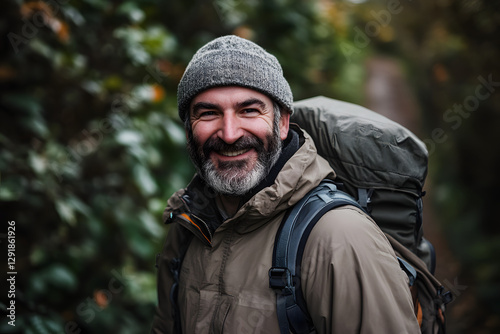 a happy, smiling man with a beard, wearing an outdoor jacket and backpack, hiking in a forest