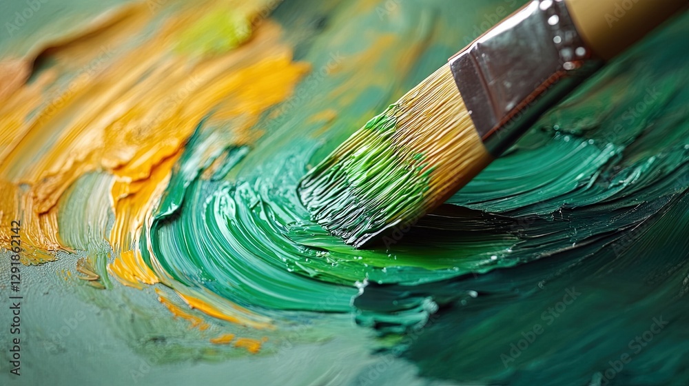 Close-up of paintbrush bristles applying thick oil paint in shades of green, richly textured Close-up of paintbrush bristles applying thick oil paint in shades of green, richly textured