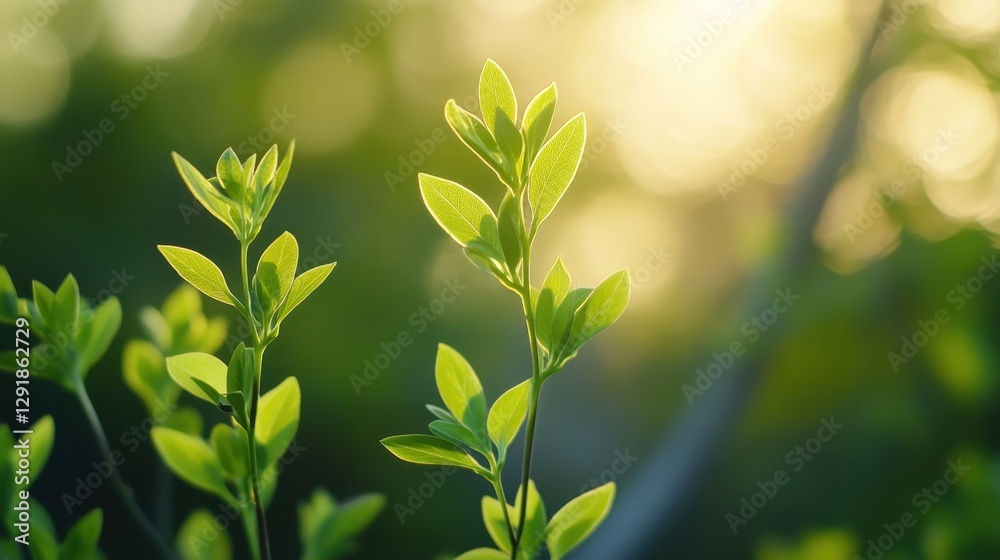 Obraz premium Lush green leaves bathed in soft sunlight, creating a serene and vibrant atmosphere.