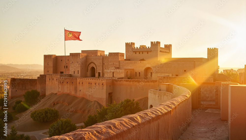 Fototapeta premium Golden sunset over ancient kasbah fortress, historical beauty