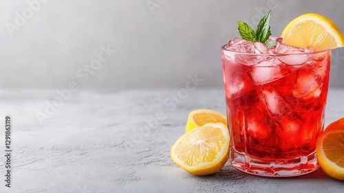 A single glass of refreshing lemonade adorned with mint leaves and lemon slices sits elegantly on a grey surface, symbolizing summer’s vibrant cheer. photo