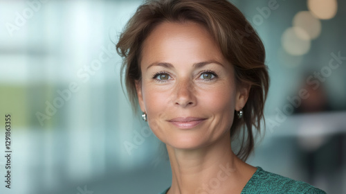 Free Download Professional businesswoman smiling confidently, standing in sleek corporate office, representing leadership and success - GFXLoad