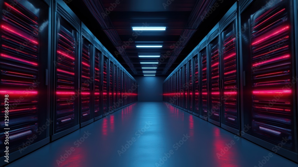 A visually stunning image of a server room hallway with red lighting creates an intense and dramatic ambiance, showcasing advanced computing technology in a captivating way. A visually stunning image of a server room hallway with red lighting creates an intense and dramatic ambiance, showcasing advanced computing technology in a captivating way.