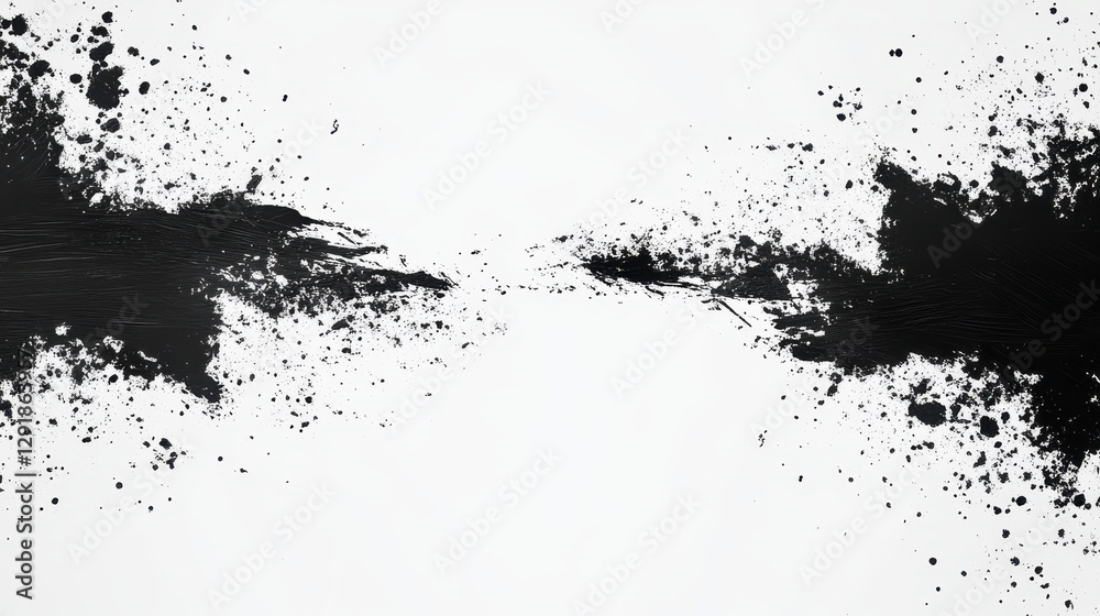 Abstract black paint splatter creating dynamic movement against a white background. Abstract black paint splatter creating dynamic movement against a white background.