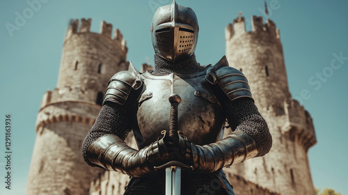 A gallant knight in shining armor standing before a towering castle, holding a sword with a determined gaze
