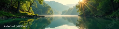 Sun-dappled Piney Z Lake, lush greenery mirroring in calm waters ,  scenery,  swamp