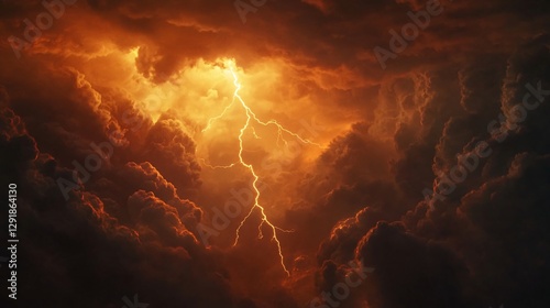 Dramatic lightning bolt striking through stormy orange sky. Powerful natural phenomenon. Intense thunderstorm scene. Atmospheric background for weather-related designs