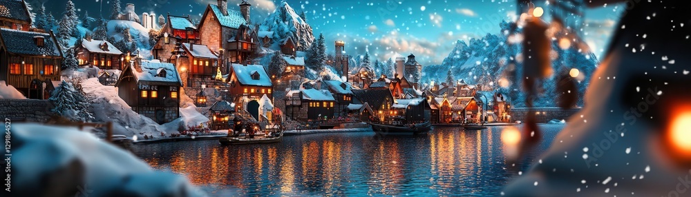 Fototapeta premium Vibrant medieval hill town in winter, snowdusted colorful homes and warm lights, cozy seasonal scene, festive and vibrant village