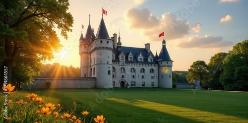 Sunlit Chateau de Vincennes, French flag waving ,  sunny,  history,  royal