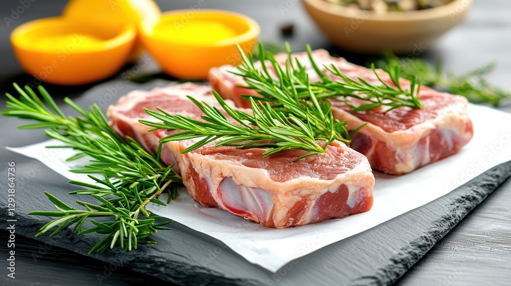 meat vacuum-sealed . fresh halal food and grocery. Fresh meat garnished with rosemary and lemon slices on a dark surface. meat vacuum-sealed . fresh halal food and grocery. Fresh meat garnished with rosemary and lemon slices on a dark surface.