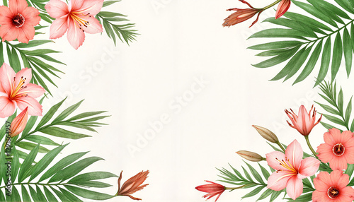 Tropical foliage illustration with exotic flowers, nature's beauty
