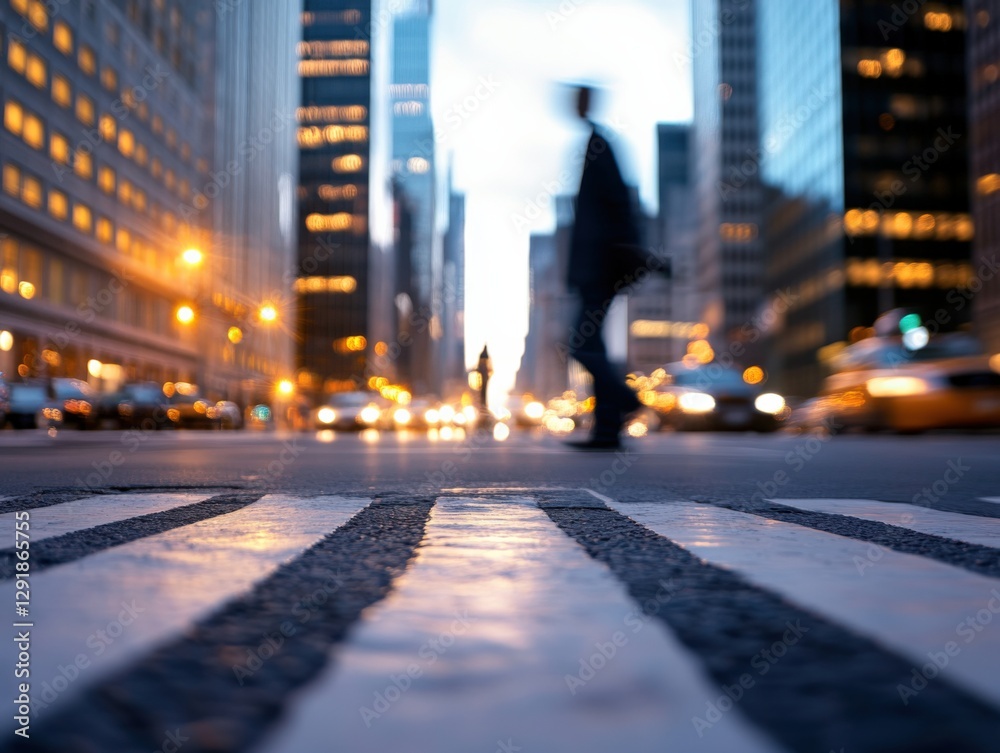 blurred pedestrian crossing in city street at dusk