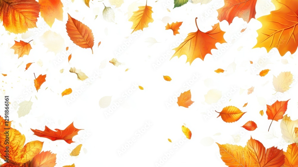 Fototapeta premium A vibrant display of autumn leaves in various shades of orange and yellow falling against a soft white background.