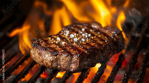 A thick juicy steak sizzling on a hot grill flames